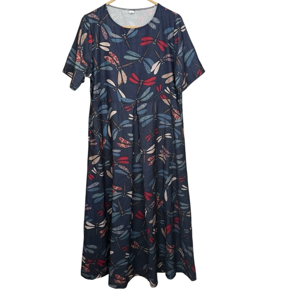 Blue Dragonfly Print Short Sleeve Boho Maxi Dress XL Pockets Flowy Casual Artsy